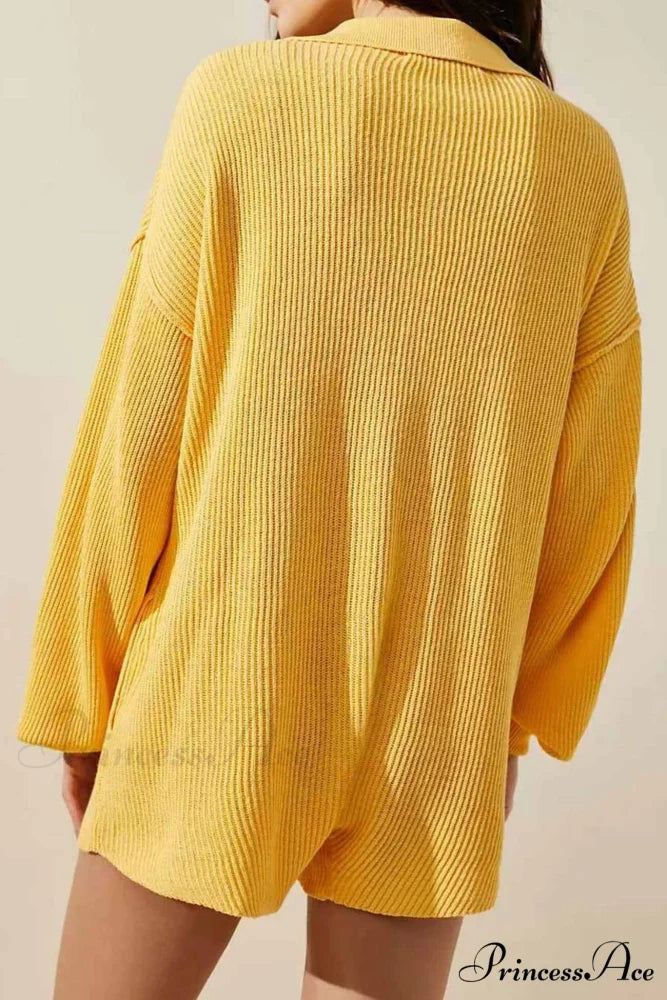 Ribbed Rompers with Lapel and Long Sleeves Yellow / L