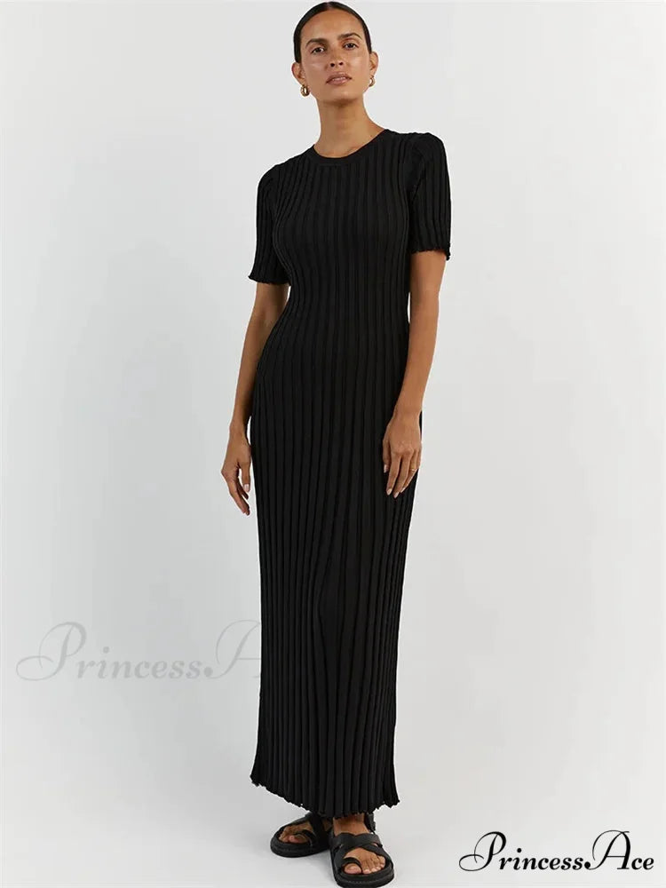 Ribbed Short Stylish Sleeve Maxi Dress Black / S