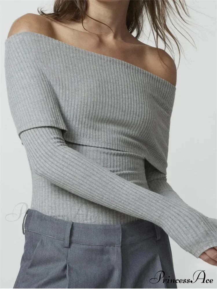 Ribbed Slash Neck Off Shoulder Casual Long Sleeve T-Shirts GREY / S