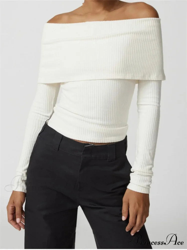 Ribbed Slash Neck Off Shoulder Casual Long Sleeve T-Shirts WHITE / S