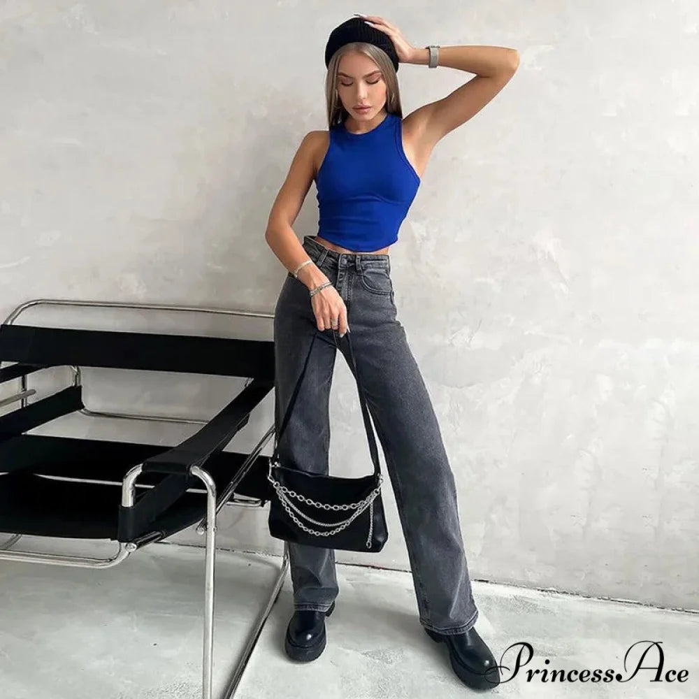 Ribbed Solid Women Skinny O-Neck Sleeveless Body-Shaping All-Matching Vest Female Streetwear Clothing Tank top Blue / S