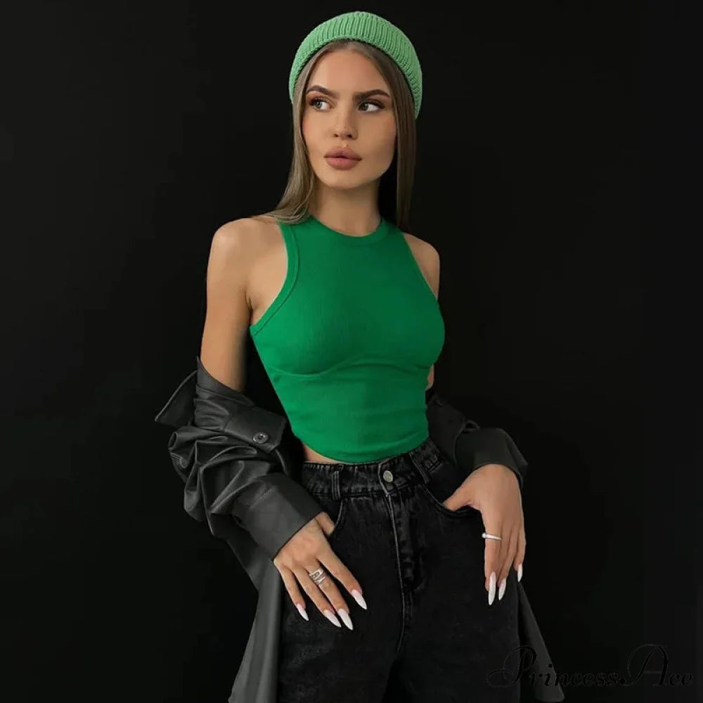 Ribbed Solid Women Skinny O-Neck Sleeveless Body-Shaping All-Matching Vest Female Streetwear Clothing Tank top Green / S