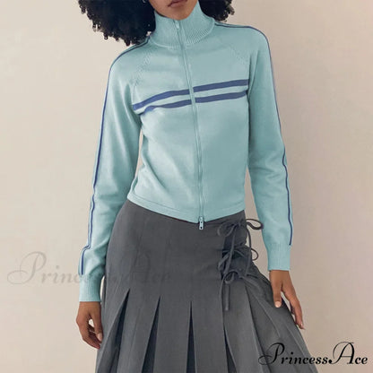 Ribbed Stripe Stylish Zipper Pullover Jacket Blue / S