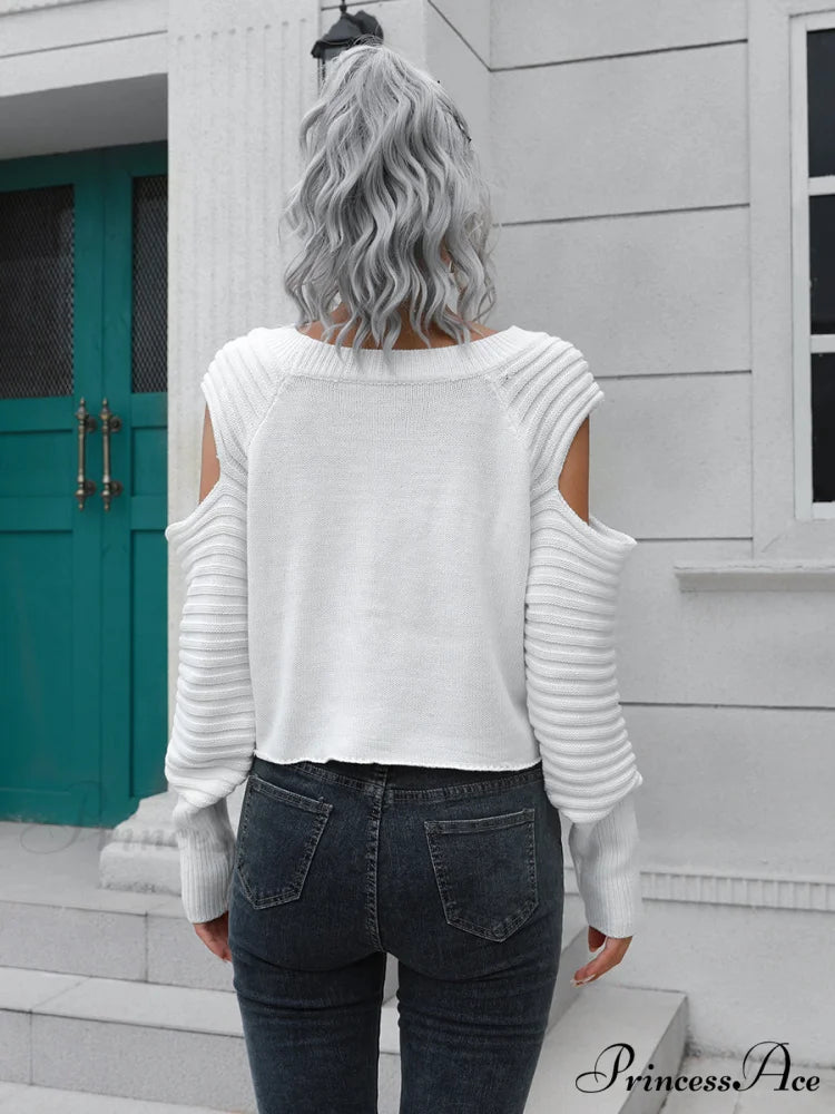 Ribbed Trim Cold-Shoulder Sweater