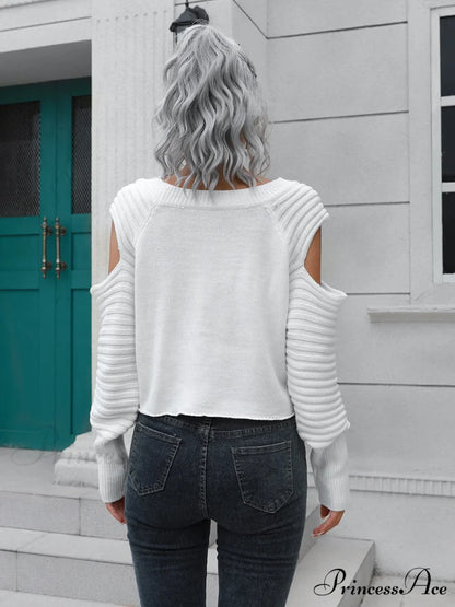 Ribbed Trim Cold-Shoulder Sweater