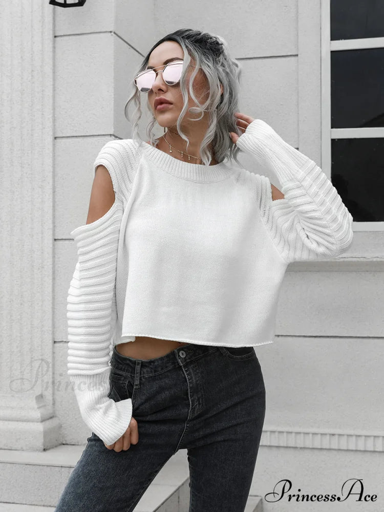 Ribbed Trim Cold-Shoulder Sweater White / S