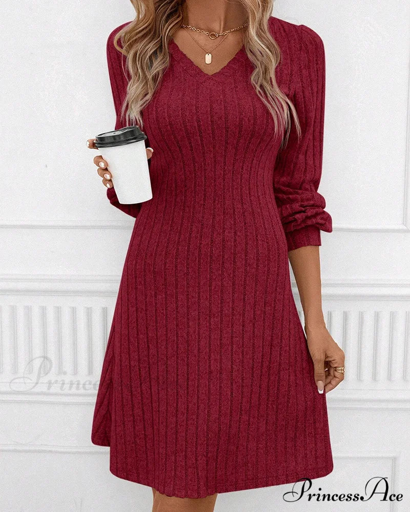 Ribbed V-neck Dress in Solid Color