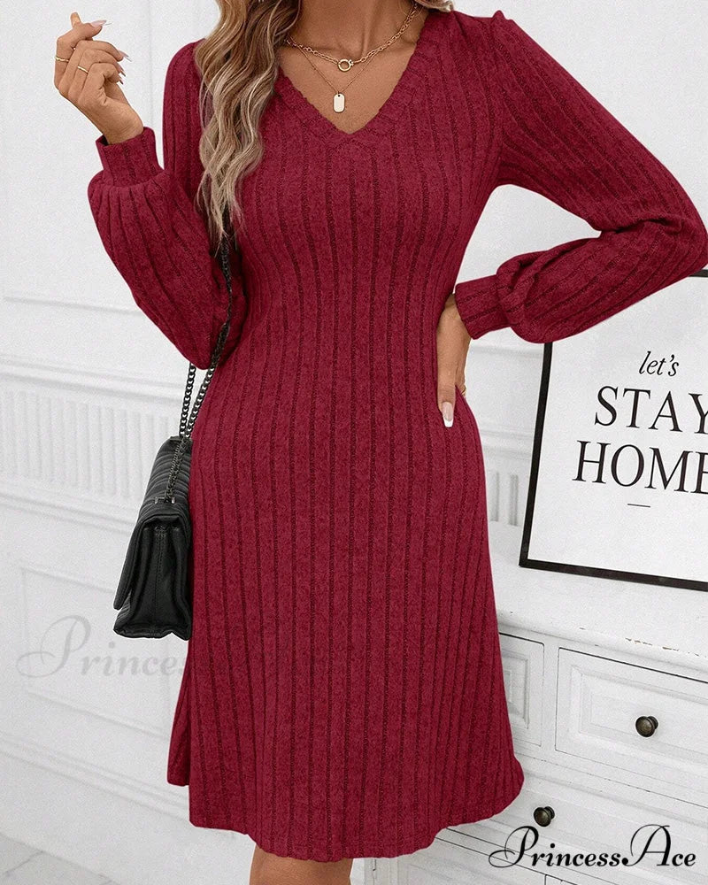 Ribbed V-neck Dress in Solid Color