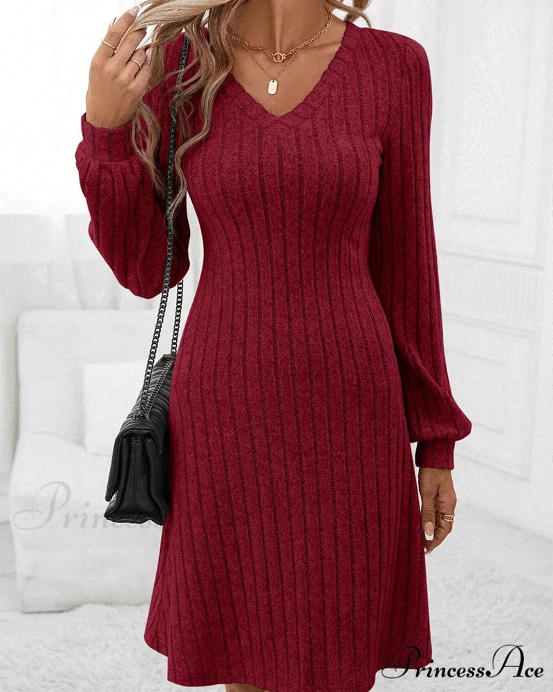 Ribbed V-neck Dress in Solid Color