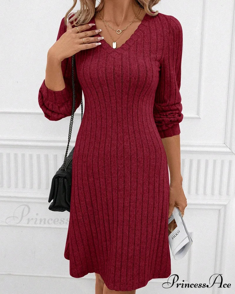 Ribbed V-neck Dress in Solid Color