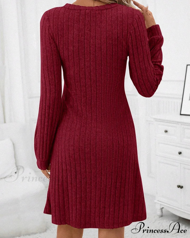 Ribbed V-neck Dress in Solid Color