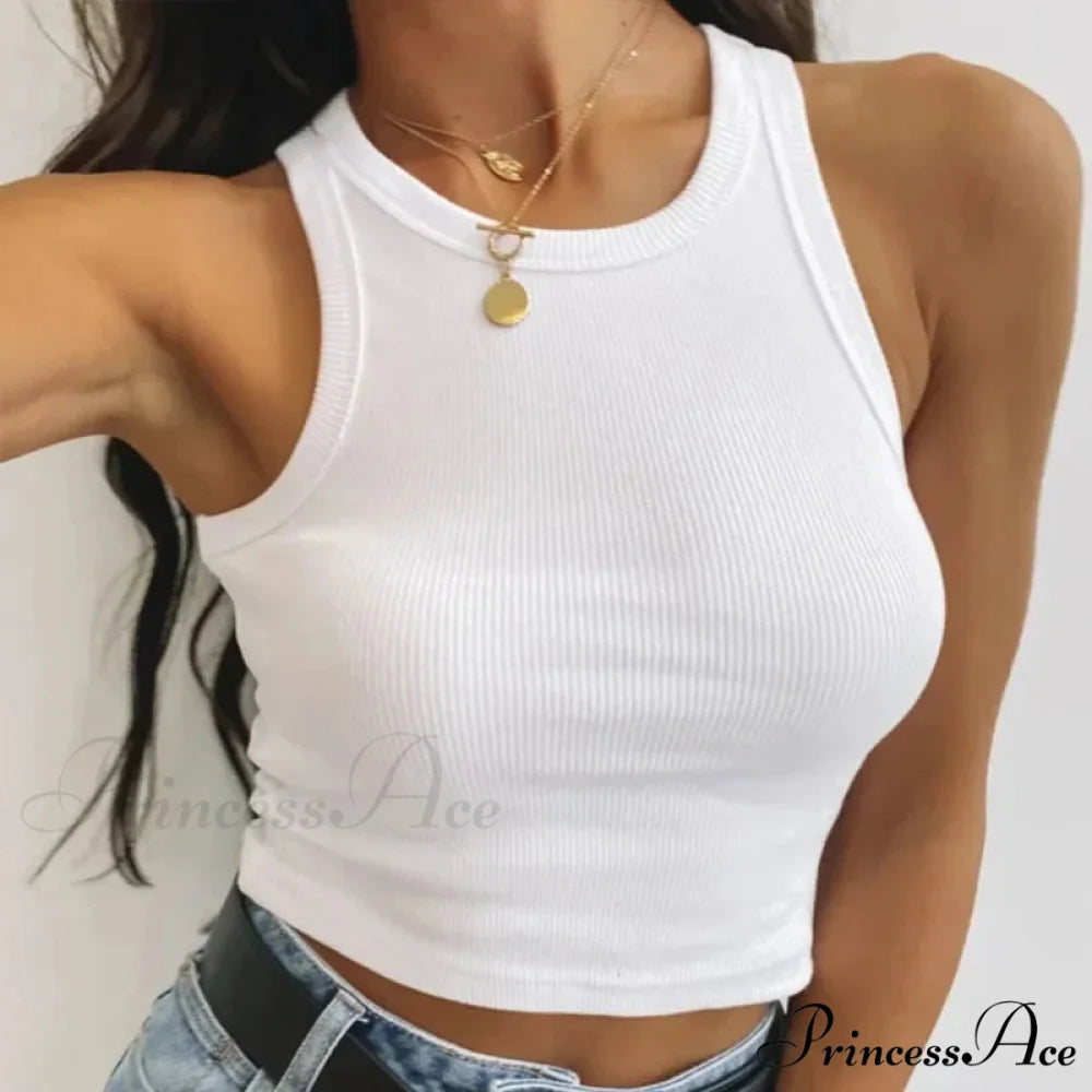 Ribbed Women White 2024 Summer Casual Fitness Short Vest Candy Knitted Off Shoulder Crop Women Tank top WHITE / S