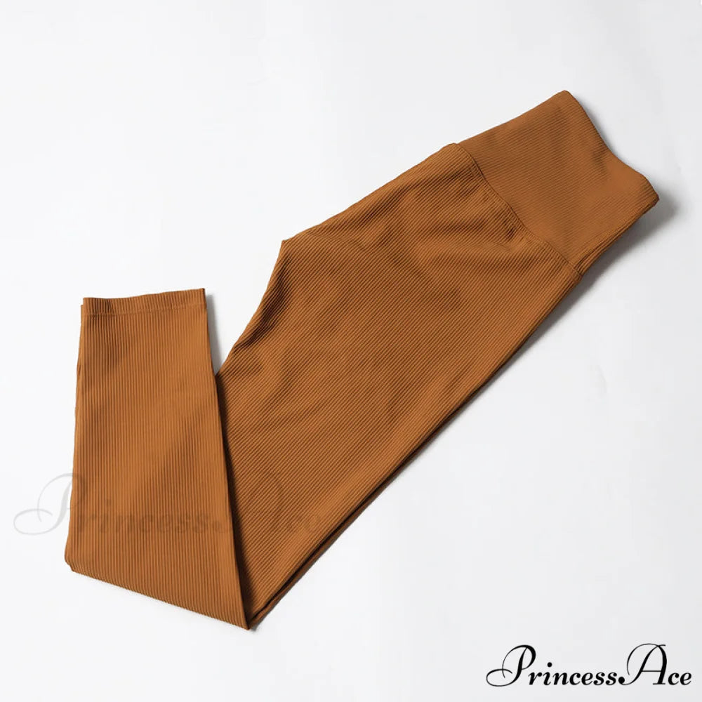 Ribbed Yoga Pants Seamless Sports Leggings Copper brown-Long / S