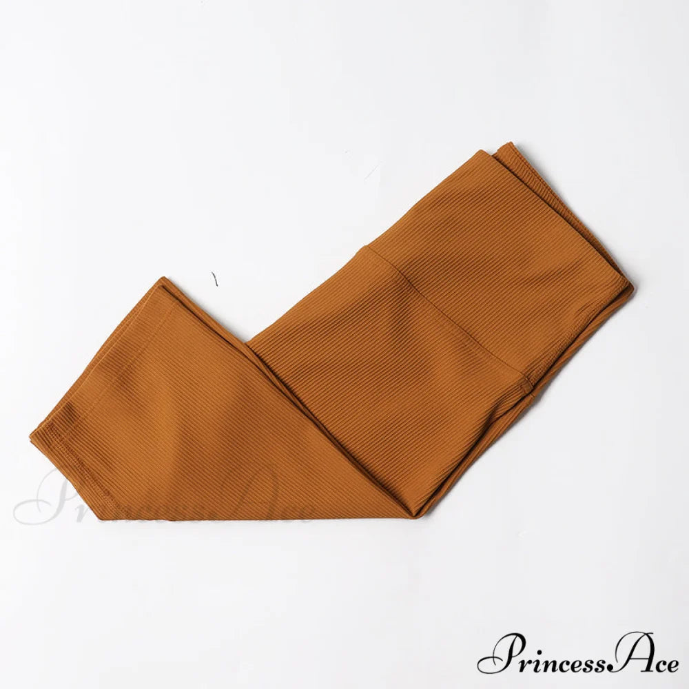 Ribbed Yoga Pants Seamless Sports Leggings Copper brown-Shorts / S