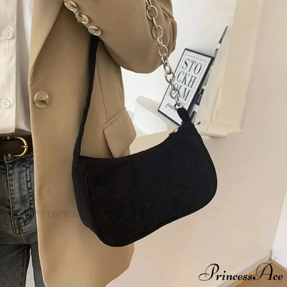 Ribbed Zipper Armpit Shoulder Purse Chain-Black shoulder-250126