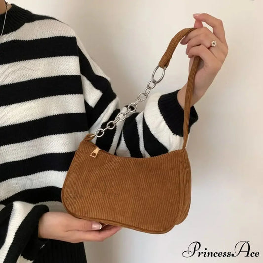 Ribbed Zipper Armpit Shoulder Purse Chain-Brown shoulder-250126