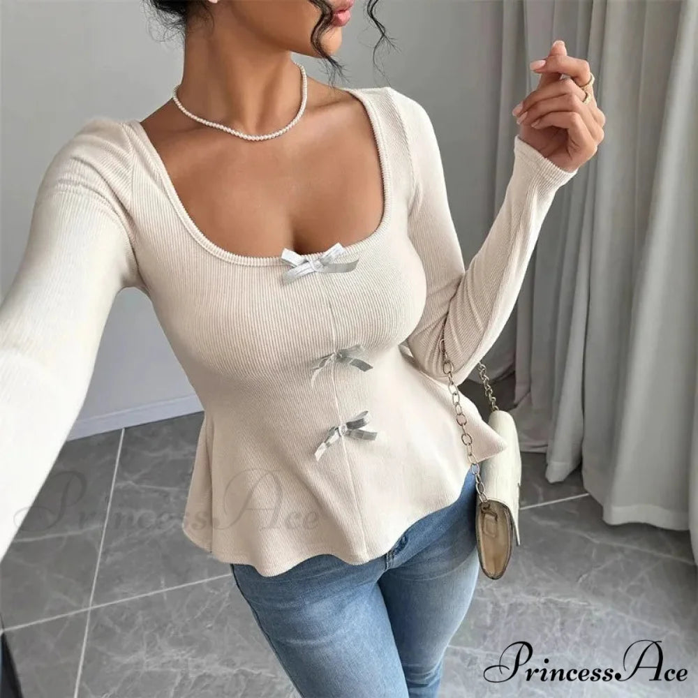 Ribbon Knit Informal Extended Sleeve Frilled Pullover Trim Knit Top Apricot / S knittop-250126