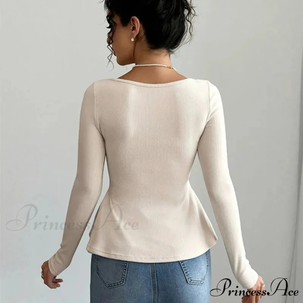 Ribbon Knit Informal Extended Sleeve Frilled Pullover Trim Knit Top knittop-250126
