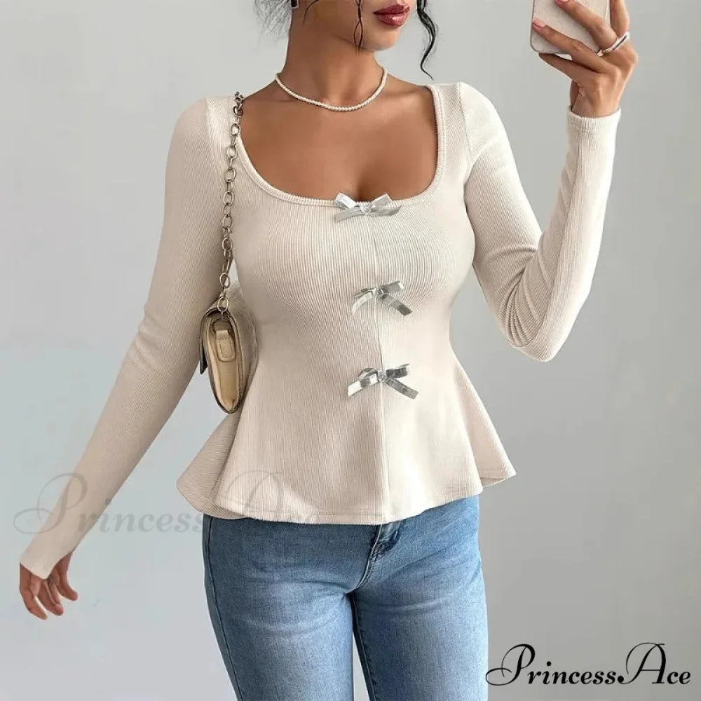 Ribbon Knit Informal Extended Sleeve Frilled Pullover Trim Knit Top knittop-250126