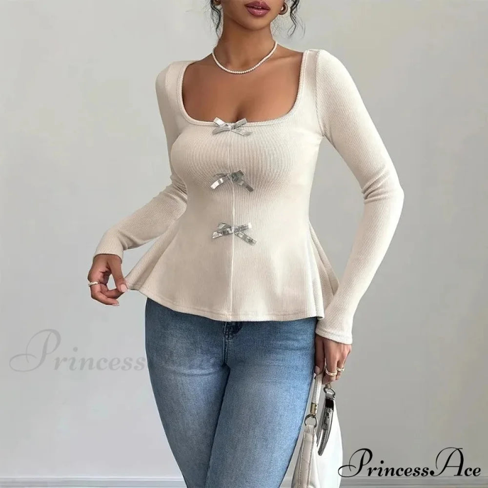 Ribbon Knit Informal Extended Sleeve Frilled Pullover Trim Knit Top knittop-250126