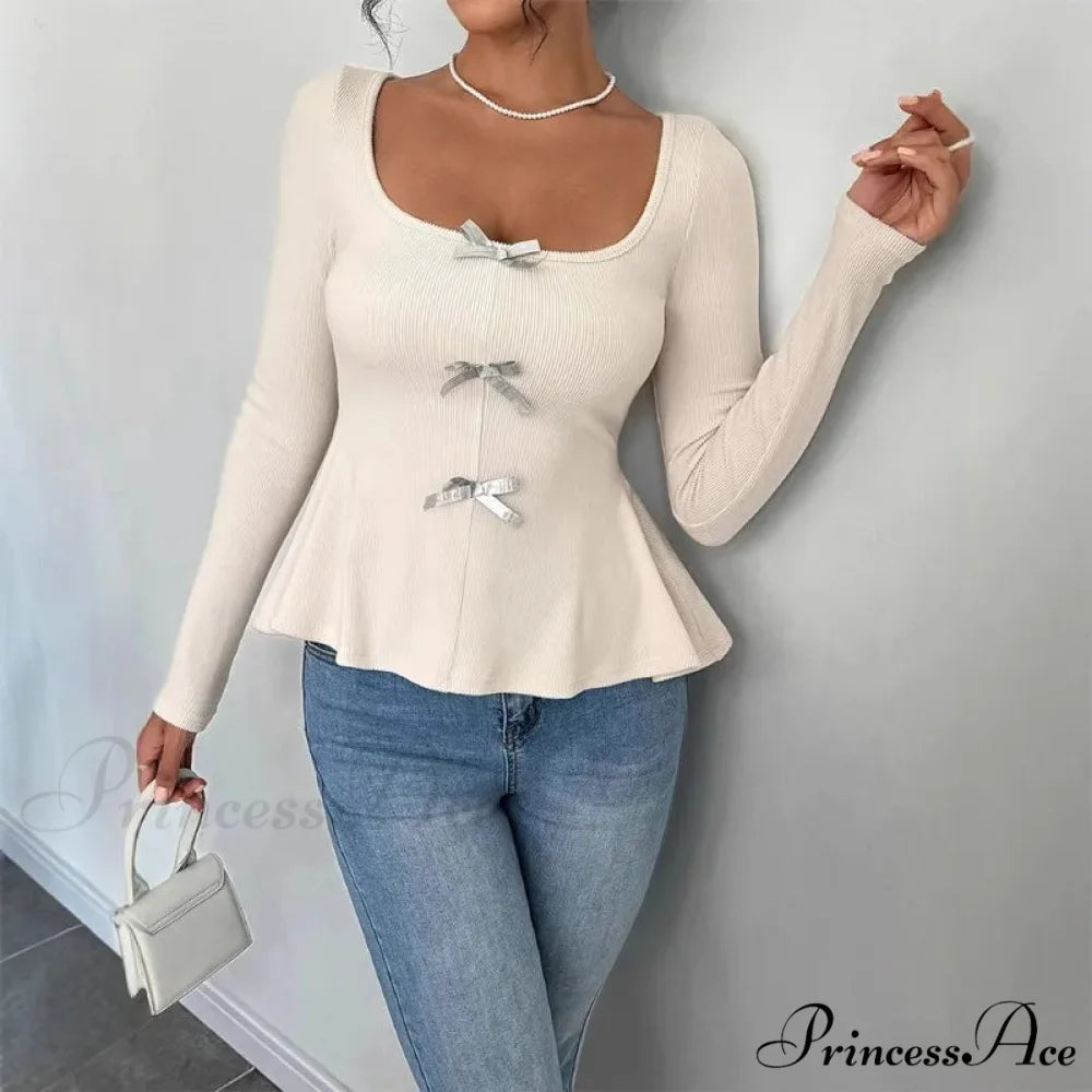 Ribbon Knit Informal Extended Sleeve Frilled Pullover Trim Knit Top knittop-250126