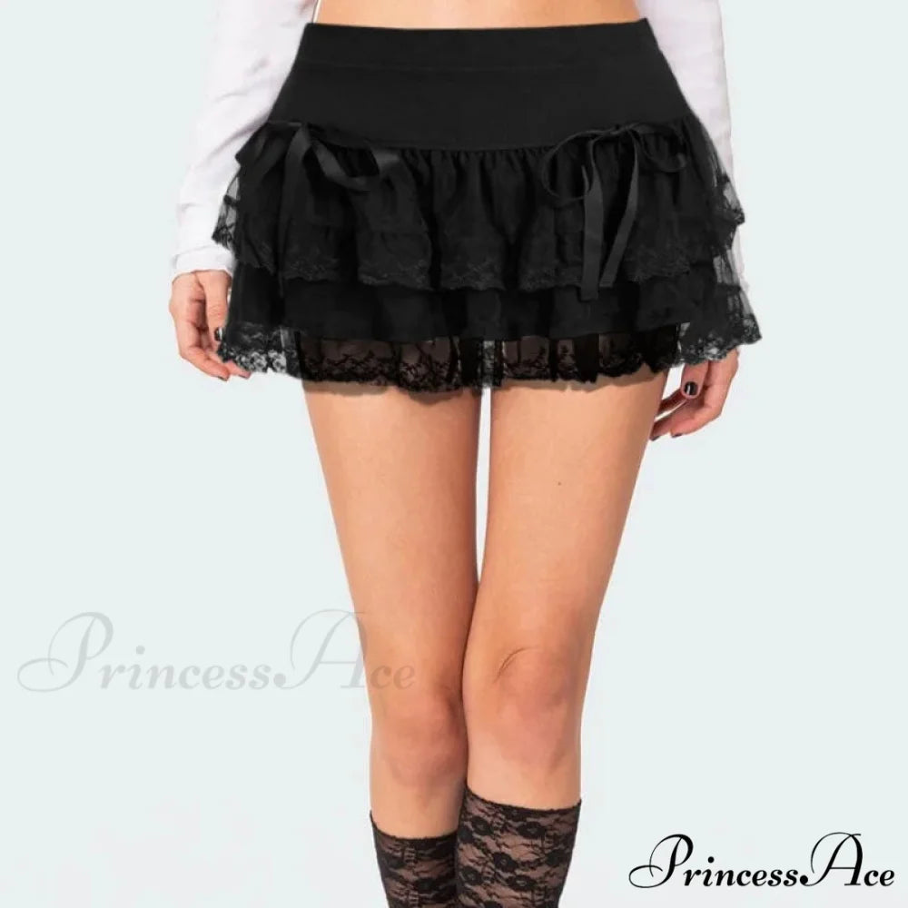 Ribbon Lace Patchwork Mid-Waist Skirt Black / S skirts-250223