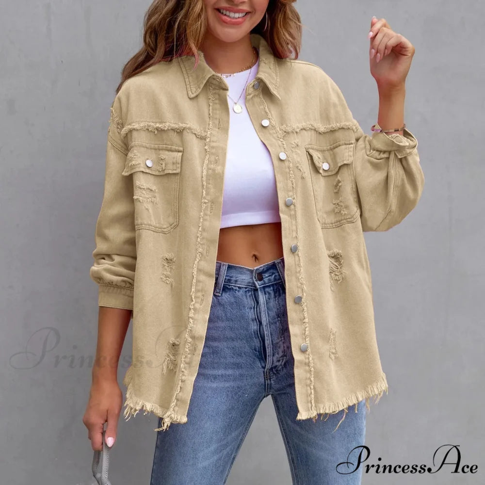 Ripped Distressed Denim Single Breasted Turn Down Collar Washed Jacket Khaki / S
