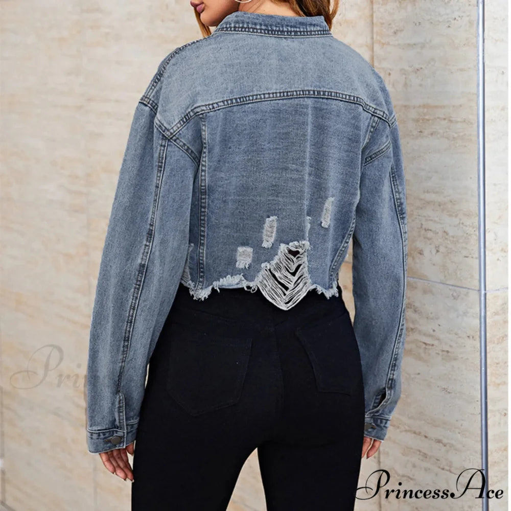 Ripped Hem Long Sleeve Single Breasted Lapel With Pockets Sexy Short Warm Chic Stylish Elegant Fashionable Versatile