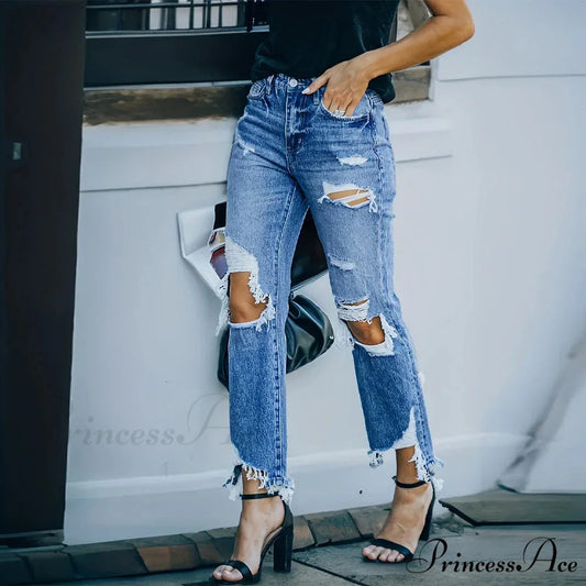 Ripped Holes Washed Straight Slant Pockets Distressed Frayed Hem Denim Jean Blue / XS