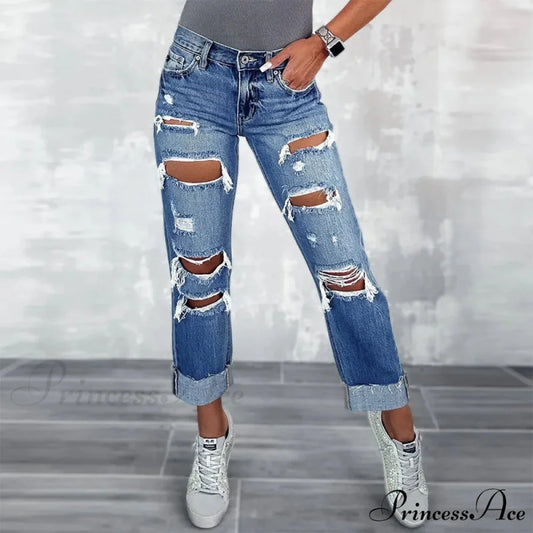 Ripped New High Straight Streetwear Hole Wash Cotton Ladies Denim Jean Blue / S
