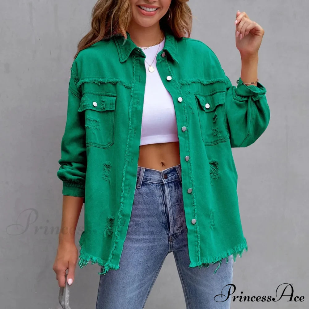 Ripped Oversized Denim Wi Pocket Solid Lapel Button Chic Stylish Elegant Fashionable Versatile Winter Outer Jacket