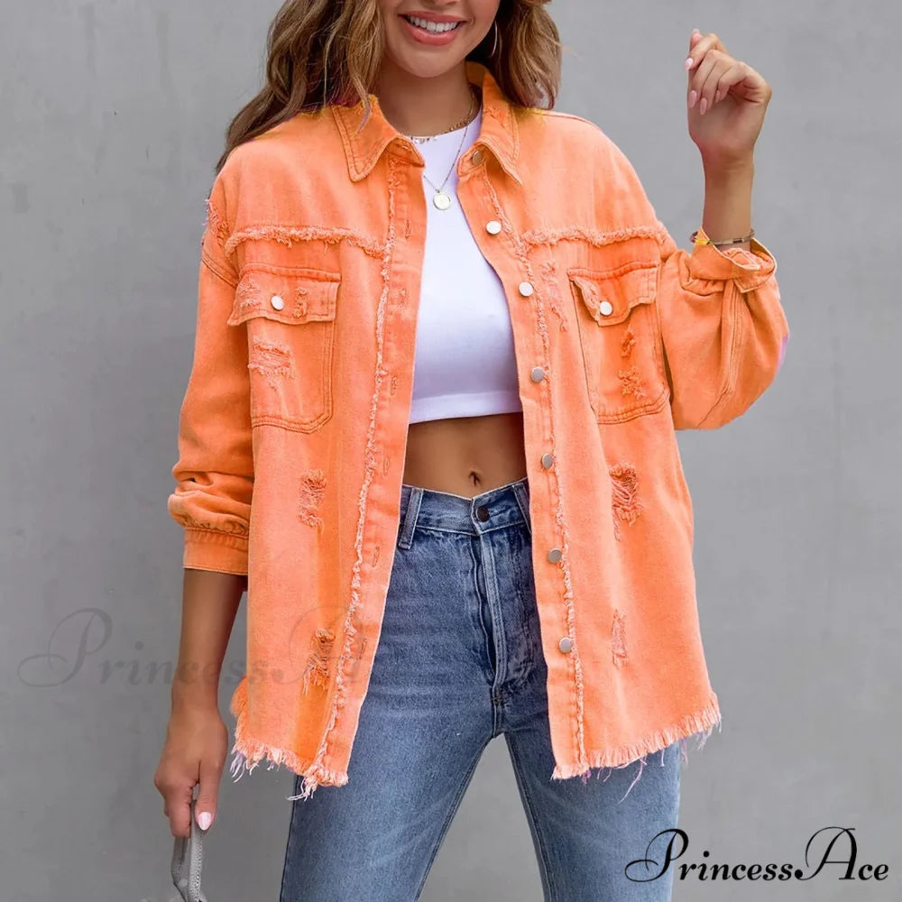 Ripped Oversized Denim Wi Pocket Solid Lapel Button Chic Stylish Elegant Fashionable Versatile Winter Outer Jacket