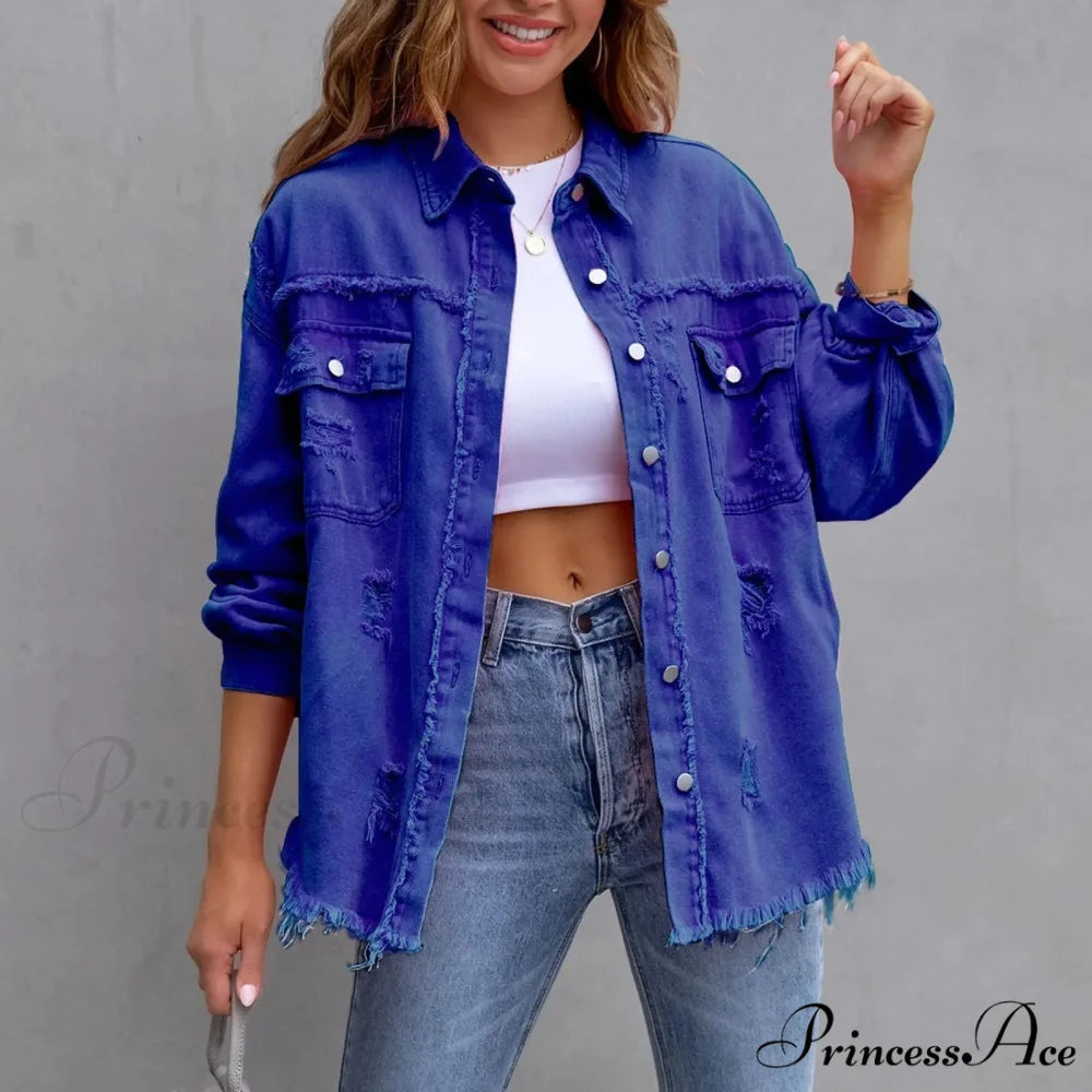 Ripped Oversized Denim Wi Pocket Solid Lapel Button Chic Stylish Elegant Fashionable Versatile Winter Outer Jacket Blue