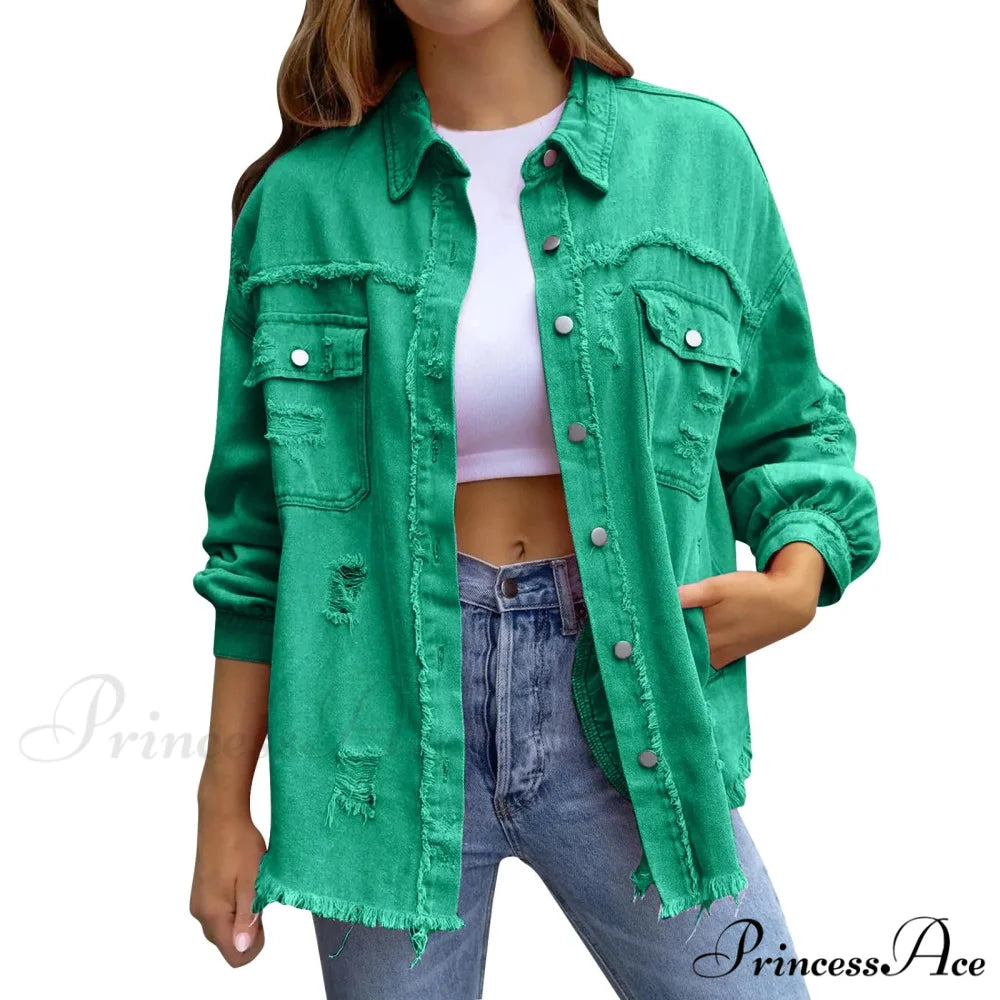 Ripped Oversized Denim Wi Pocket Solid Lapel Button Chic Stylish Elegant Fashionable Versatile Winter Outer Jacket