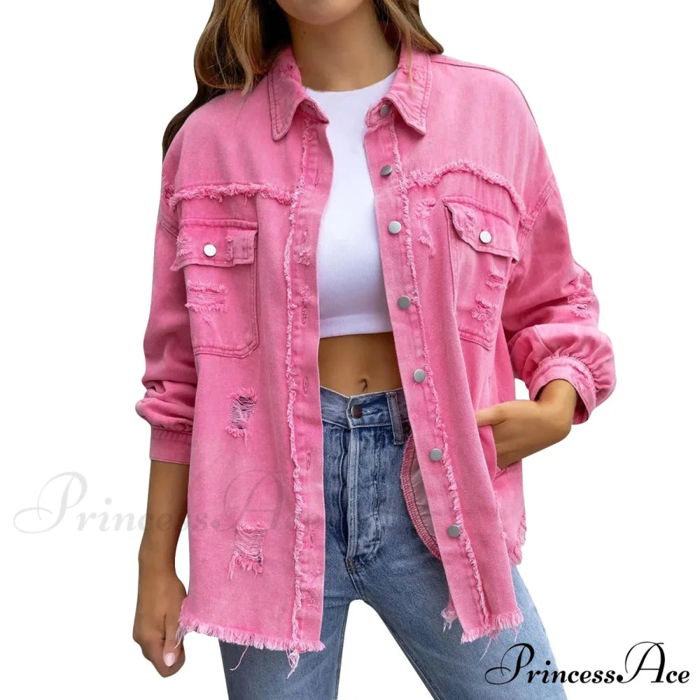 Ripped Oversized Denim Wi Pocket Solid Lapel Button Chic Stylish Elegant Fashionable Versatile Winter Outer Jacket Pink