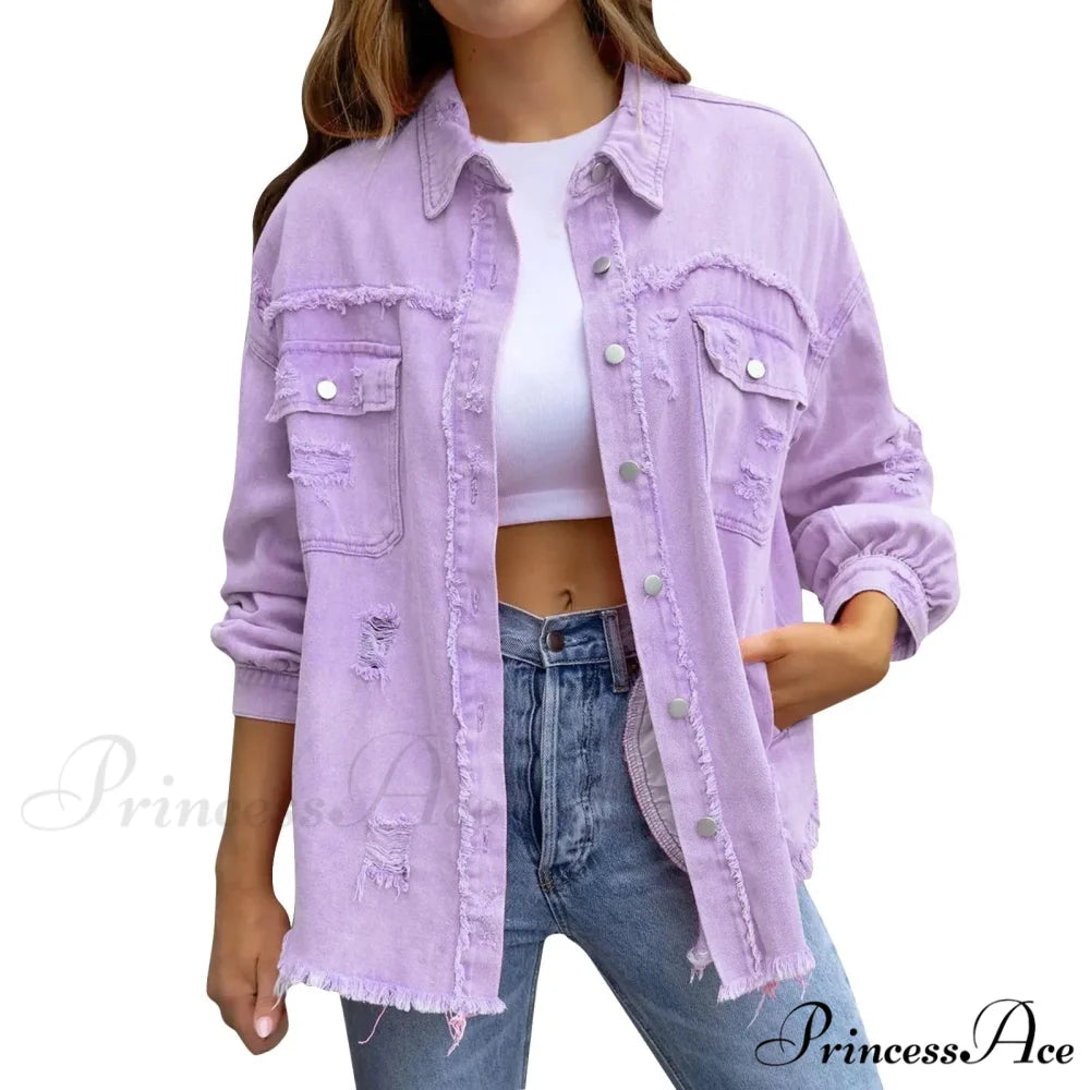 Ripped Oversized Denim Wi Pocket Solid Lapel Button Chic Stylish Elegant Fashionable Versatile Winter Outer Jacket