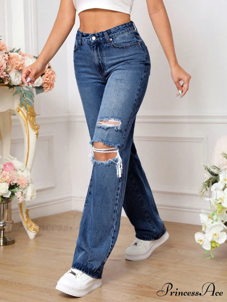Ripped Straight Leg Jeans Dark Wash / Tall XS
