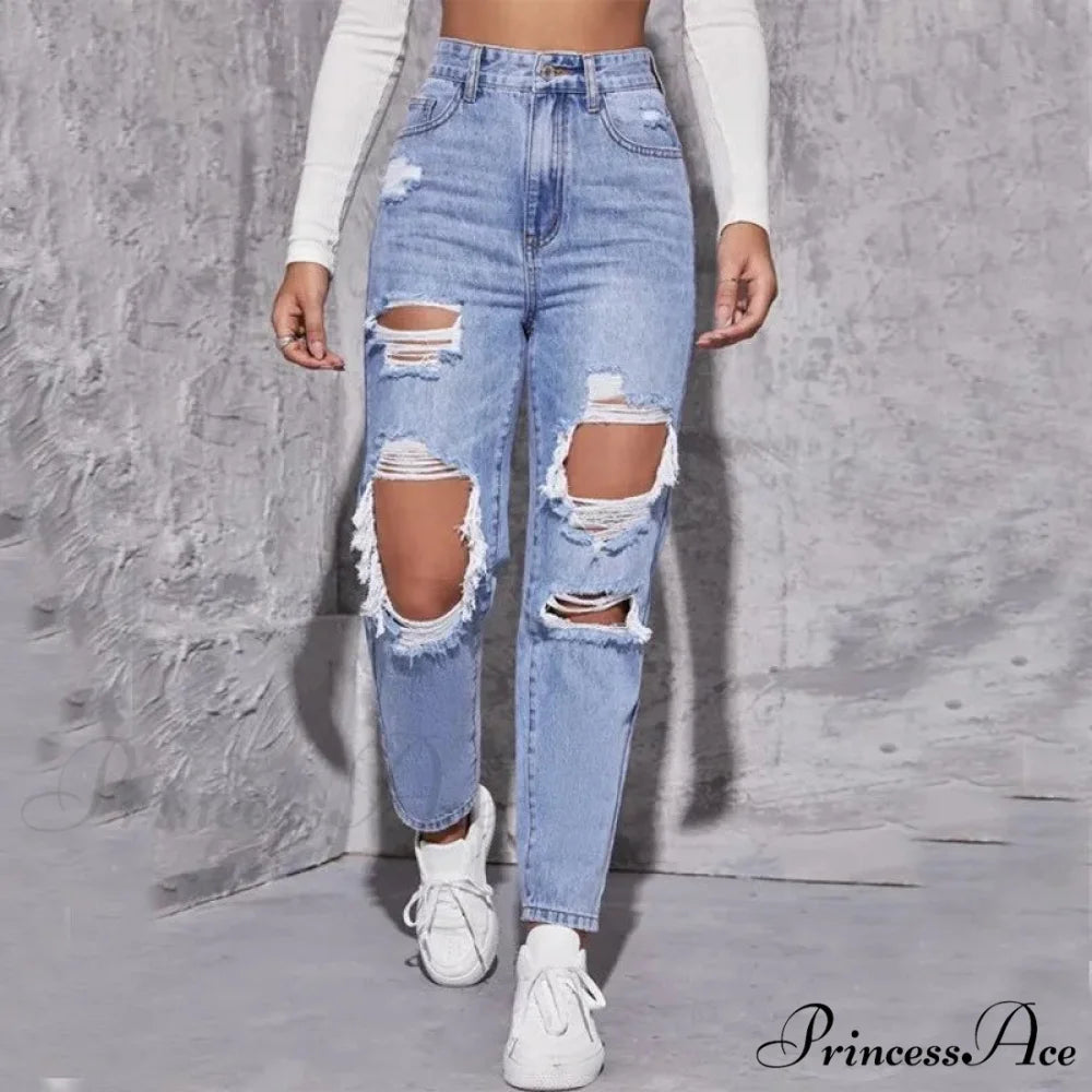 Ripped Straight Leg Women High Waist Loose Holes Casual High Streetwear Fashion Denim Jean