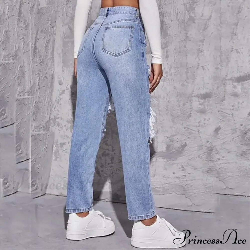 Ripped Straight Leg Women High Waist Loose Holes Casual High Streetwear Fashion Denim Jean