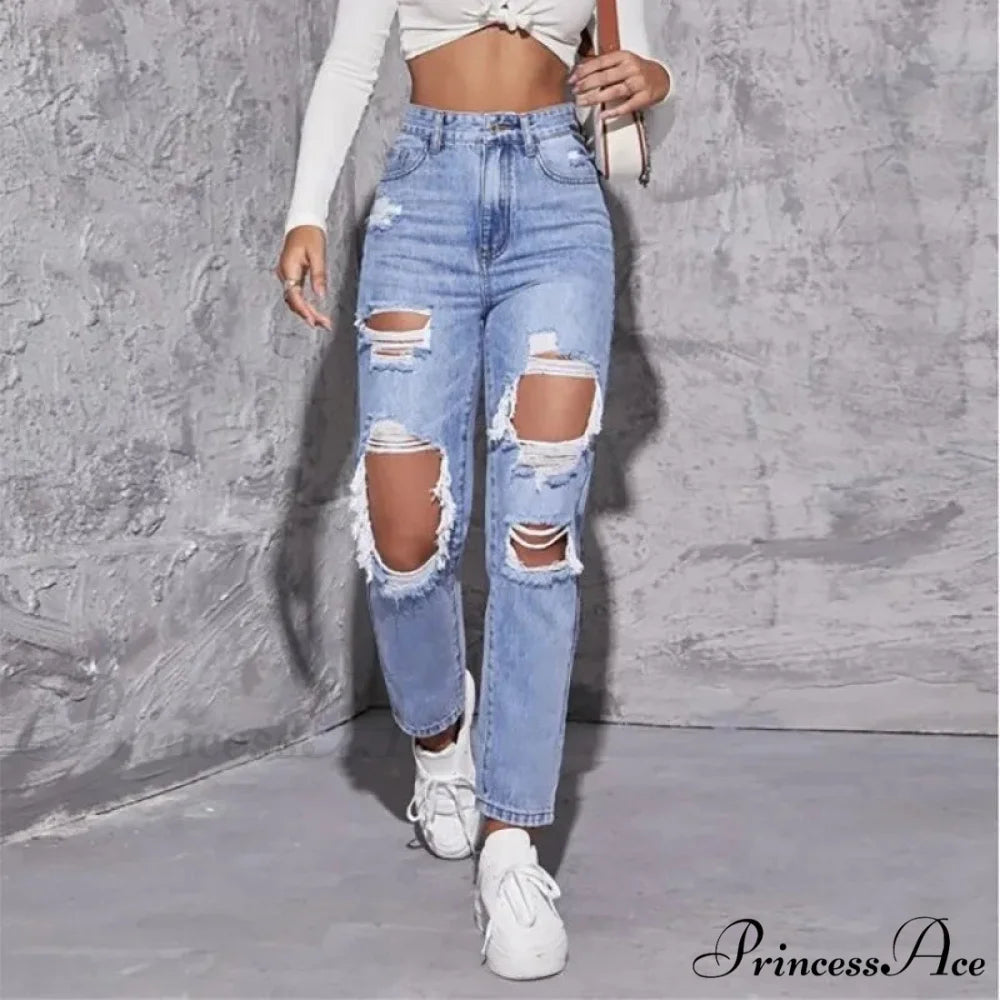 Ripped Straight Leg Women High Waist Loose Holes Casual High Streetwear Fashion Denim Jean Blue / S