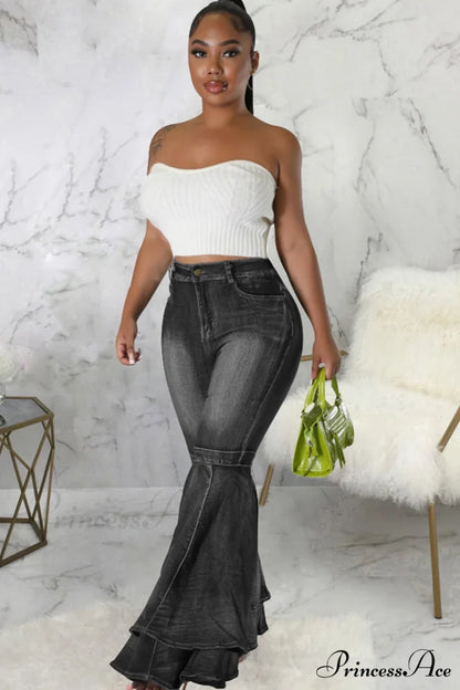 Rise Flares Tiered High Jeans Black / 2XL