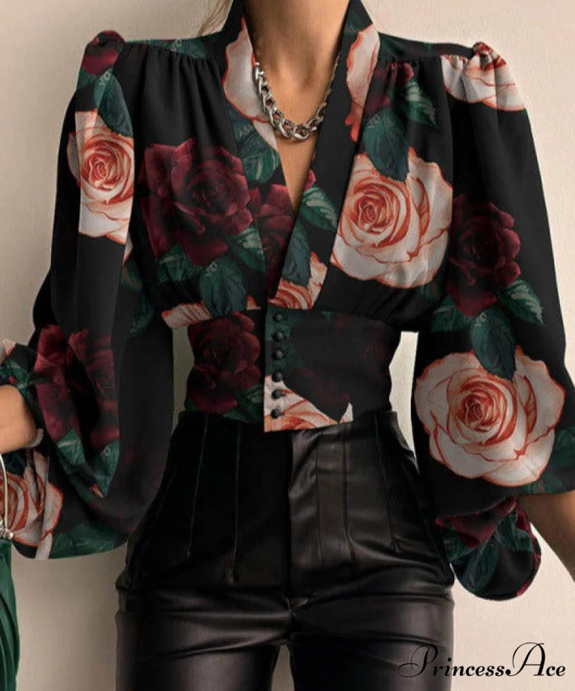 RITA BUTTON SHIRT Black Pink Flower / S