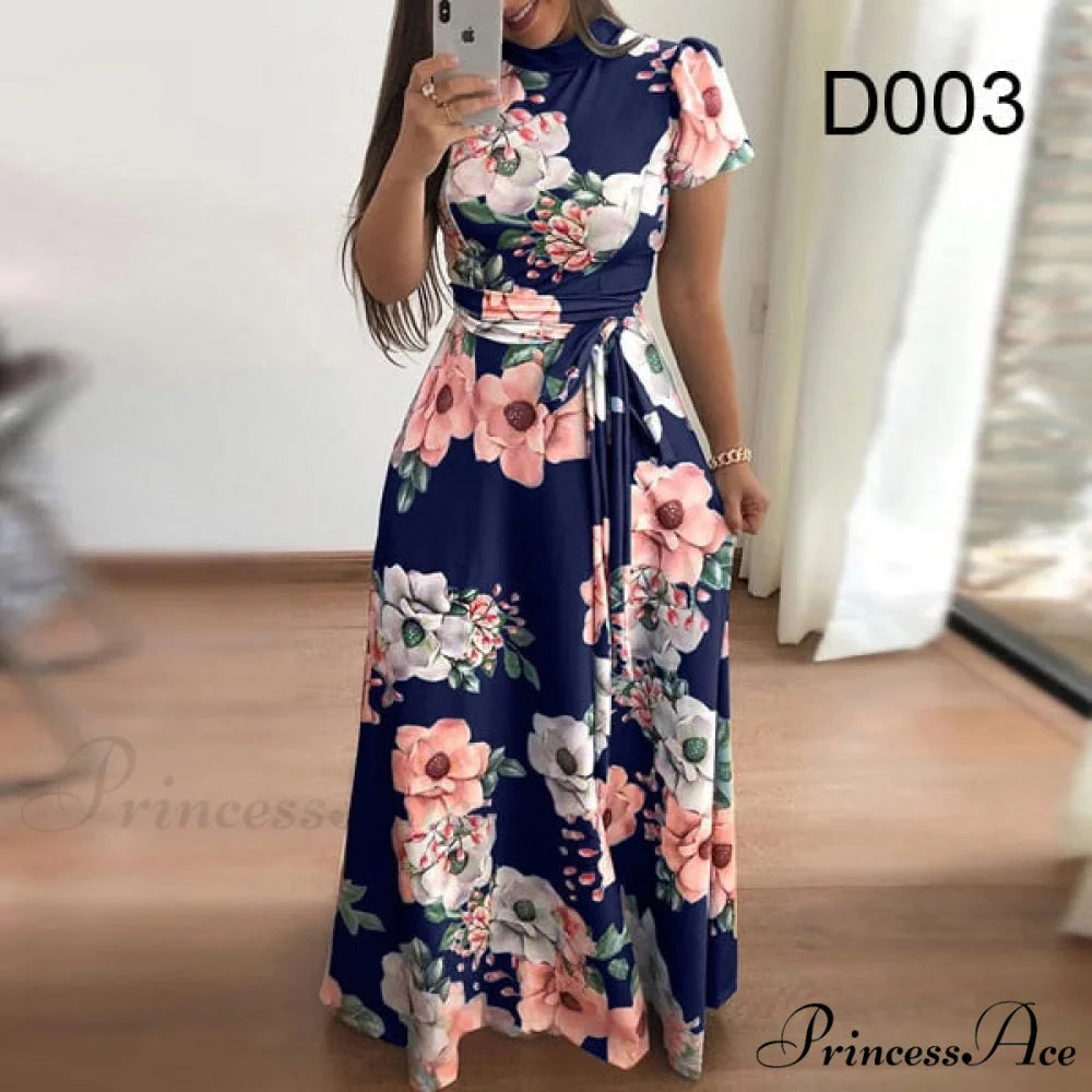 Robe Dresses Autumn Casual Full-Length Long Plus Size Flower Sashes Slim Arm Design Party Gown Spring S-5XL Dark blue