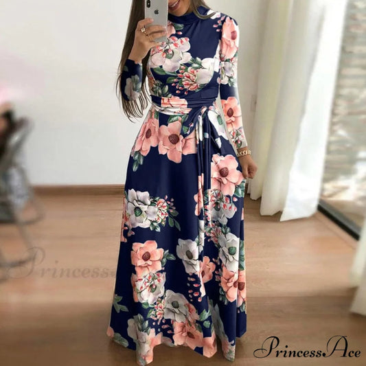 Robe Dresses Autumn Casual Full-Length Long Plus Size Flower Sashes Slim Arm Design Party Gown Spring S-5XL Long Dark