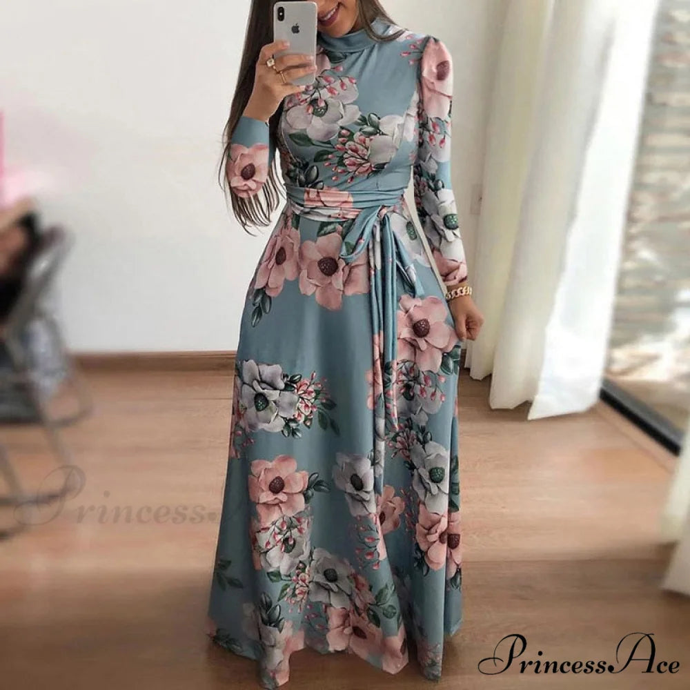 Robe Dresses Autumn Casual Full-Length Long Plus Size Flower Sashes Slim Arm Design Party Gown Spring S-5XL Long sky