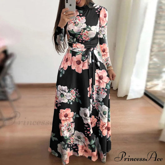 Robe Dresses Autumn Casual Full-Length Long Plus Size Flower Sashes Slim Arm Design Party Gown Spring S-5XL Long sleeve