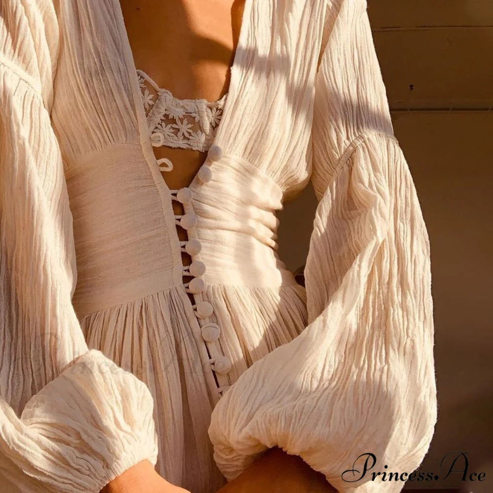 Romance V Neck Single-breasted Long Sleeve Maxi Dress Beige / S
