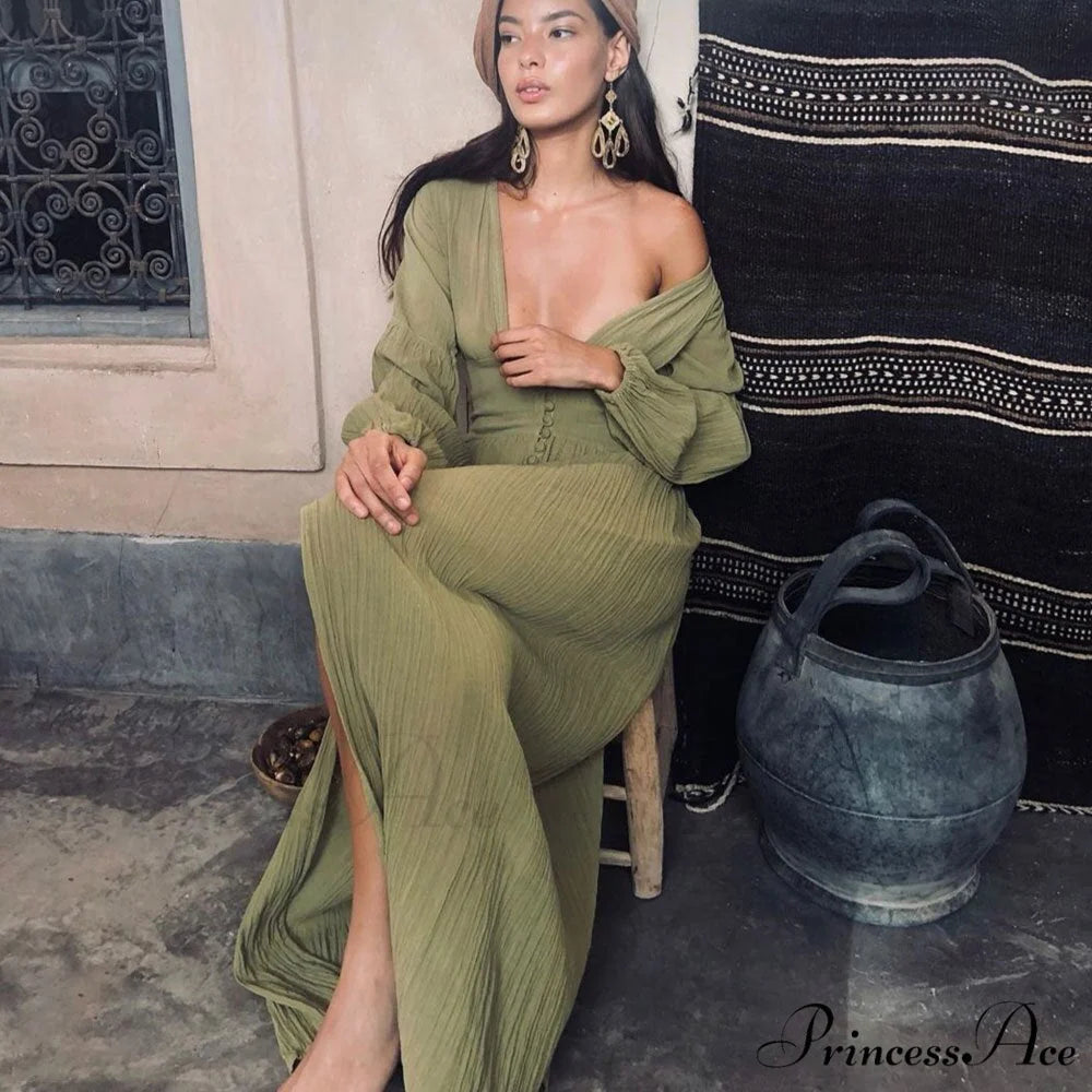 Romance V Neck Single-breasted Long Sleeve Maxi Dress Green / S