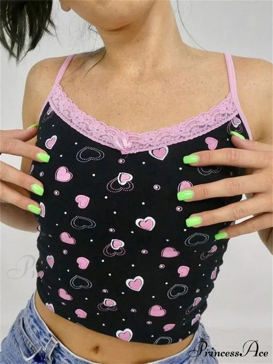 Romantic Hearts Lace Trim V-neck Crop Top BLACK / S croptop-250126
