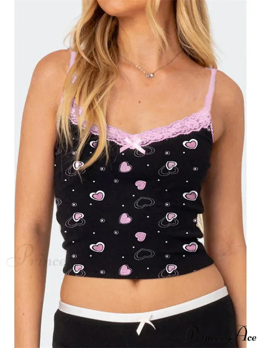 Romantic Hearts Lace Trim V-neck Crop Top croptop-250126